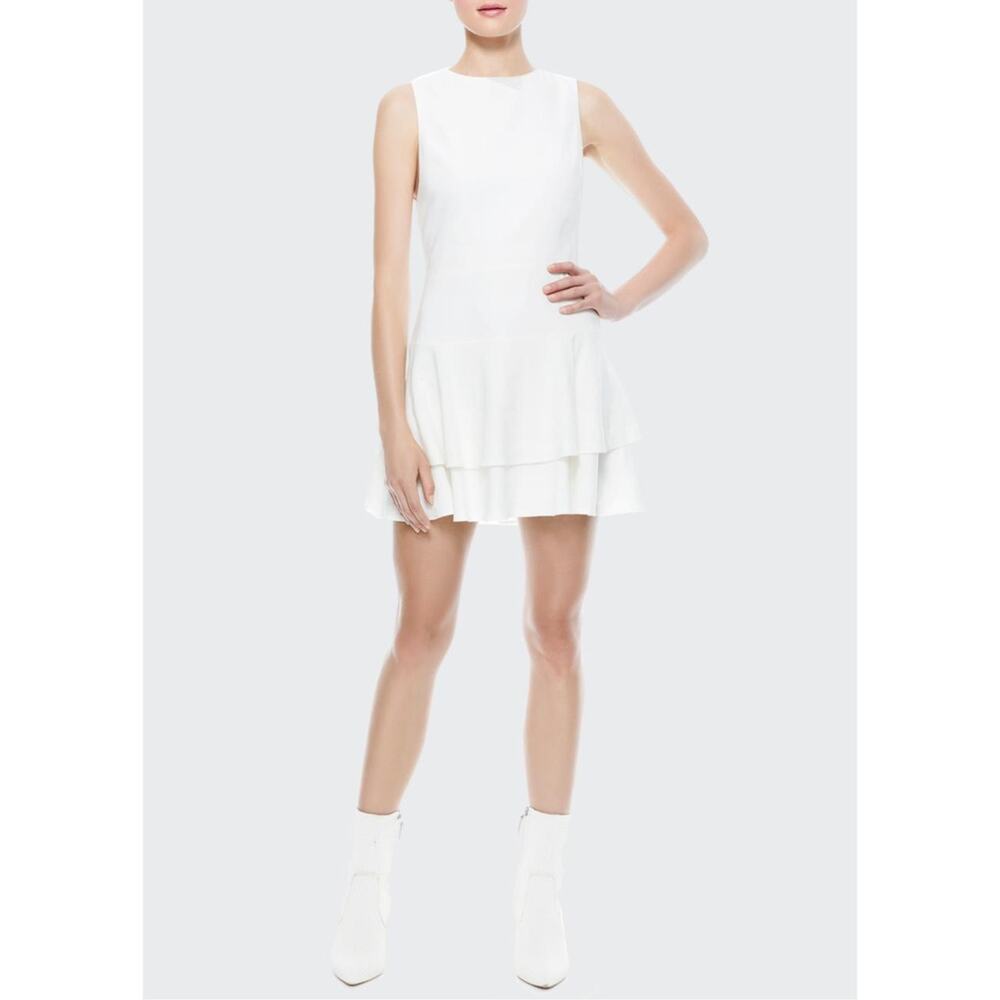 NWT Alice + Olivia Palmira Linen Blend Ruffle Mini Dress 12 Preppy Tennis Core